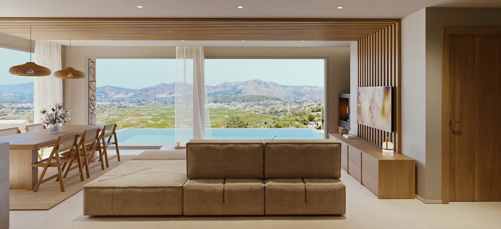 Stylish living room with mountain and countryside views in a 3-bedroom villa in Lliber - The Estates