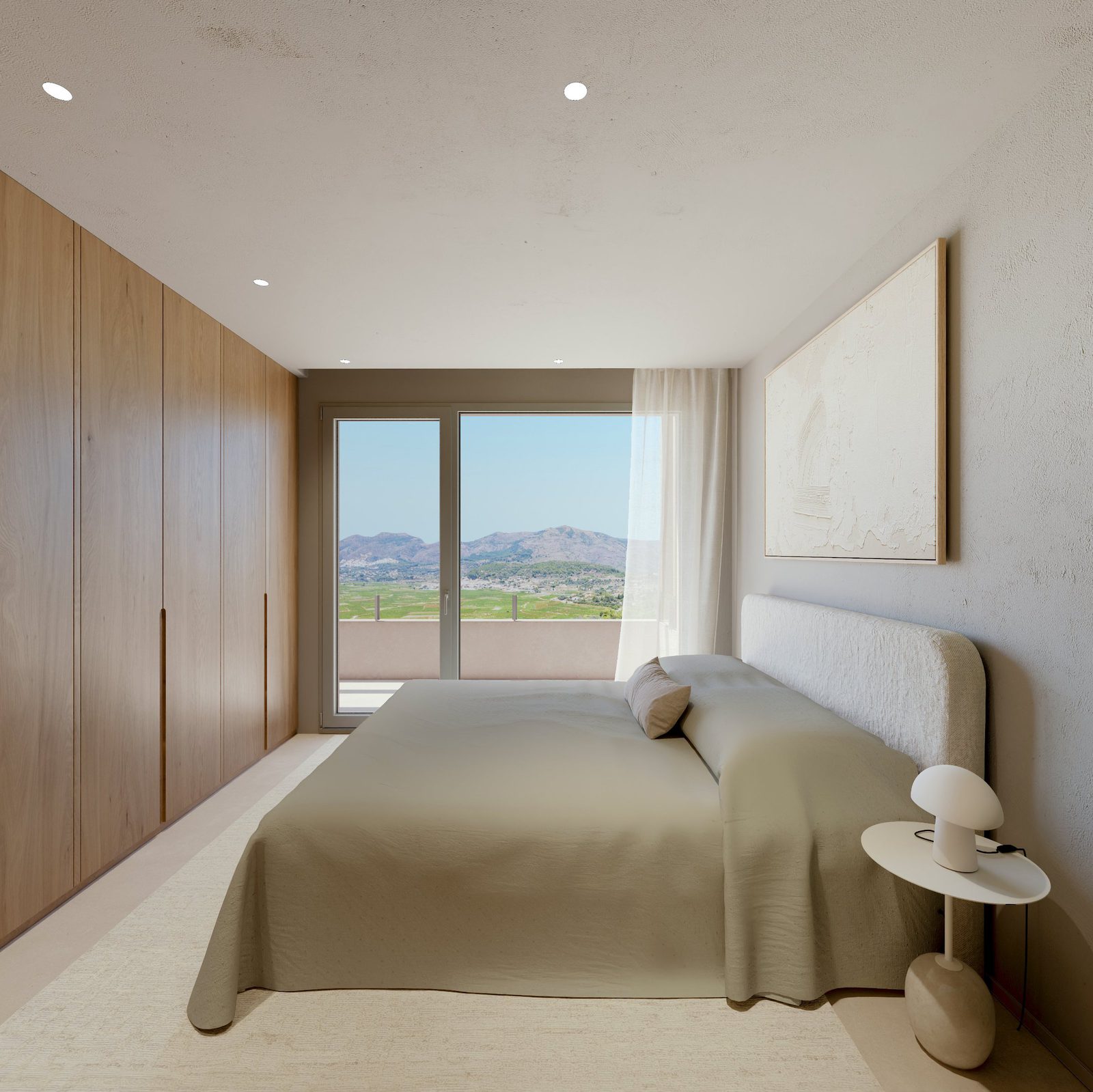 A bright bedroom with built-in wardrobes and stunning mountain views in a 3-bedroom villa in Lliber - The Estates