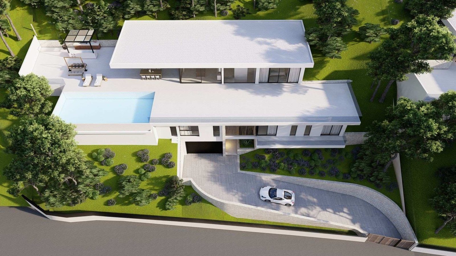 Aerial view of a modern villa with pool, landscaped gardens and driveway in Altea - The Estates