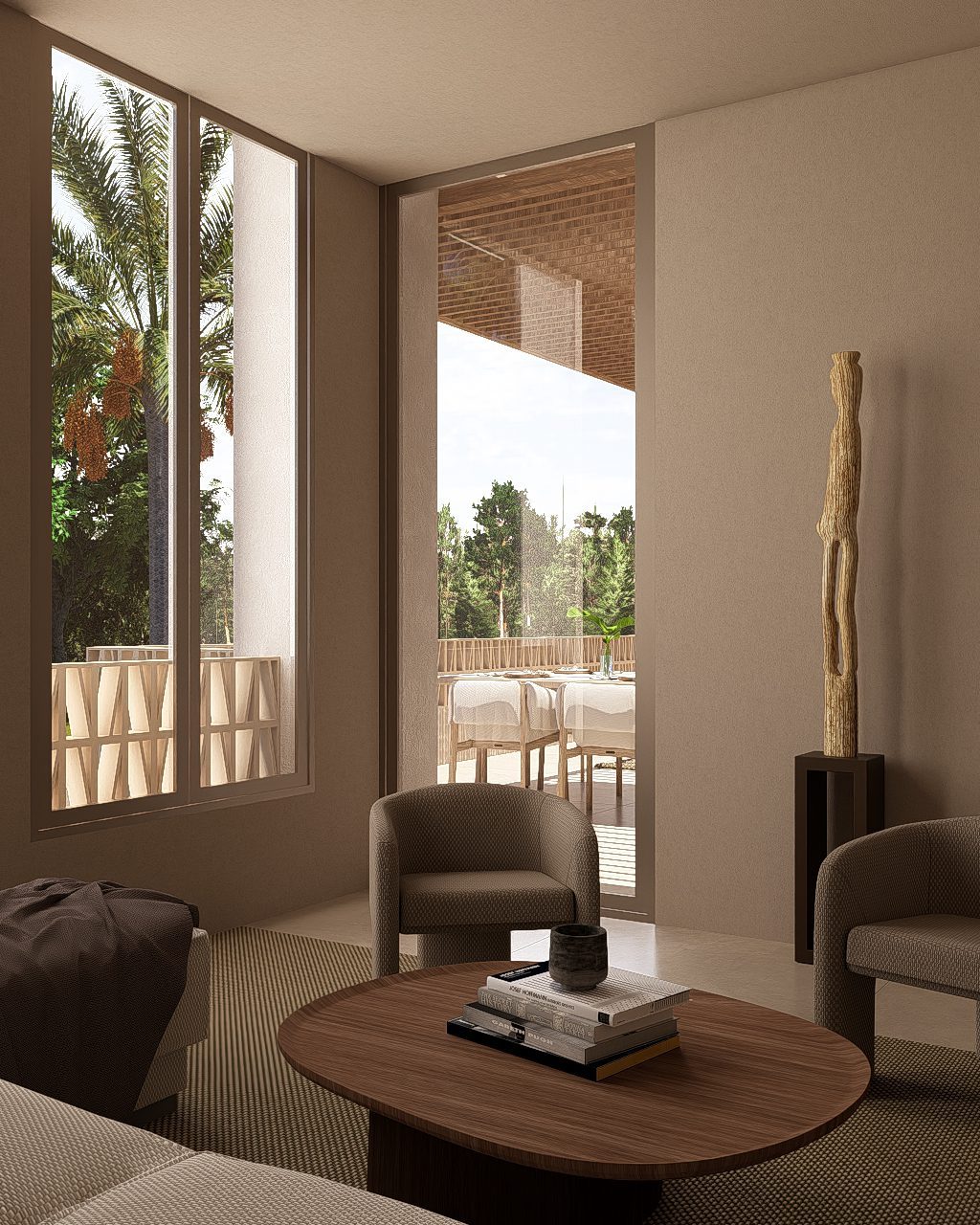 Elegant living room with armchairs, coffee table and terrace views of greenery in a