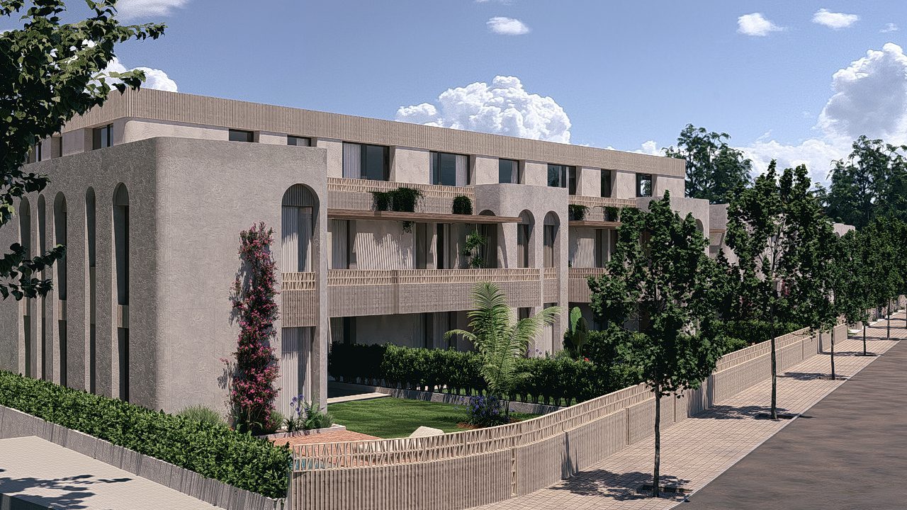Exterior view of a modern penthouse building with landscaped gardens and tree-lined streets in Jávea - The Estates