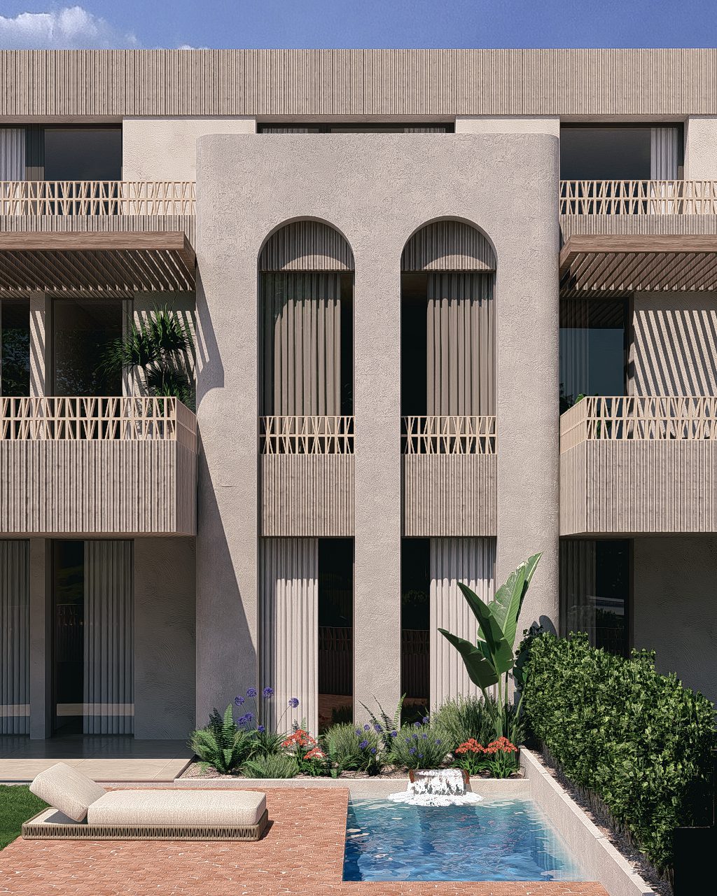 Modern façade with arched windows, balconies, landscaped garden and plunge pool