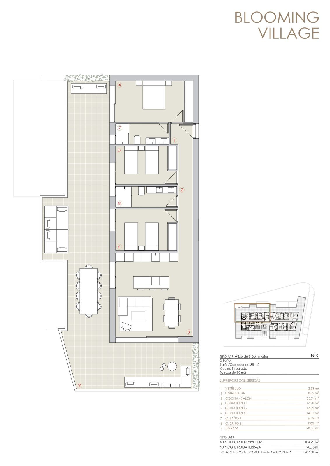 Floor plan of a 3-bedroom penthouse with spacious terrace in Jávea