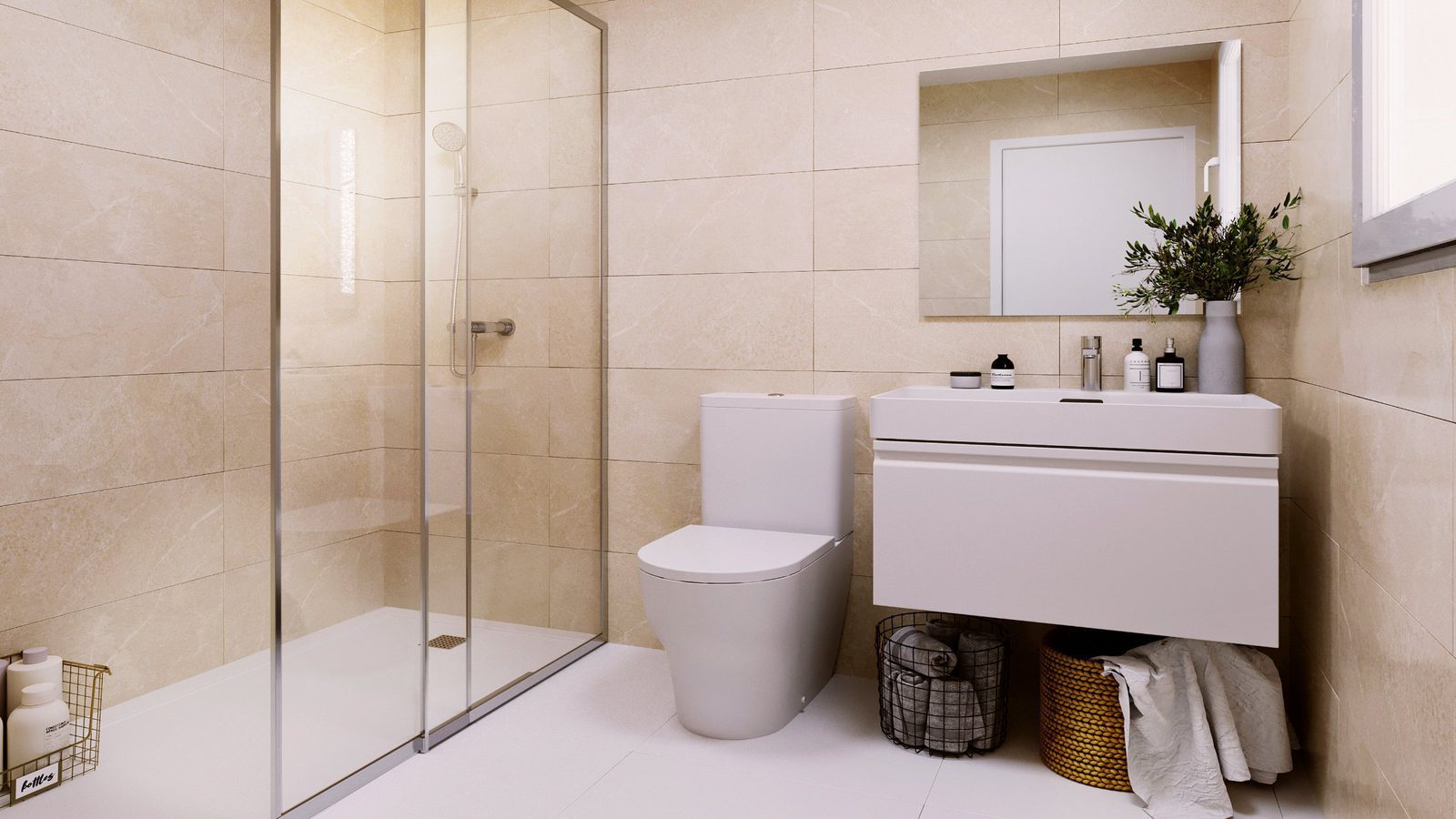 A modern bathroom with a walk-in shower and vanity in a 2-bedroom apartment in Alicante - The Estates