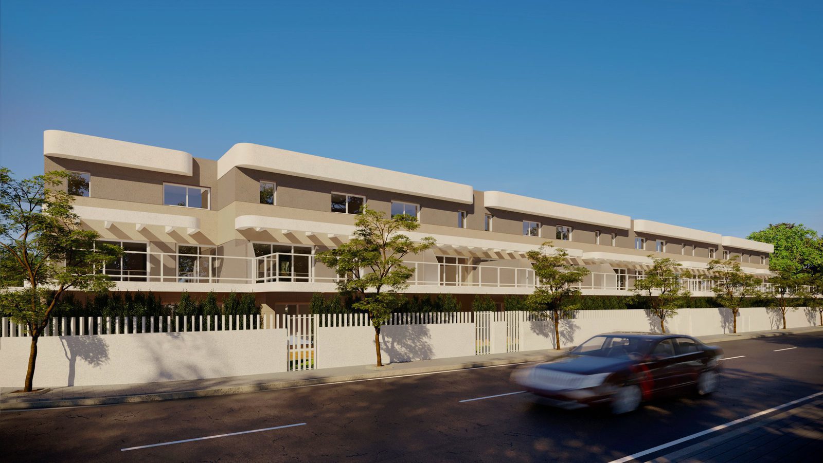 Exterior view of a modern 2-bedroom apartment building in Alicante - The Estates