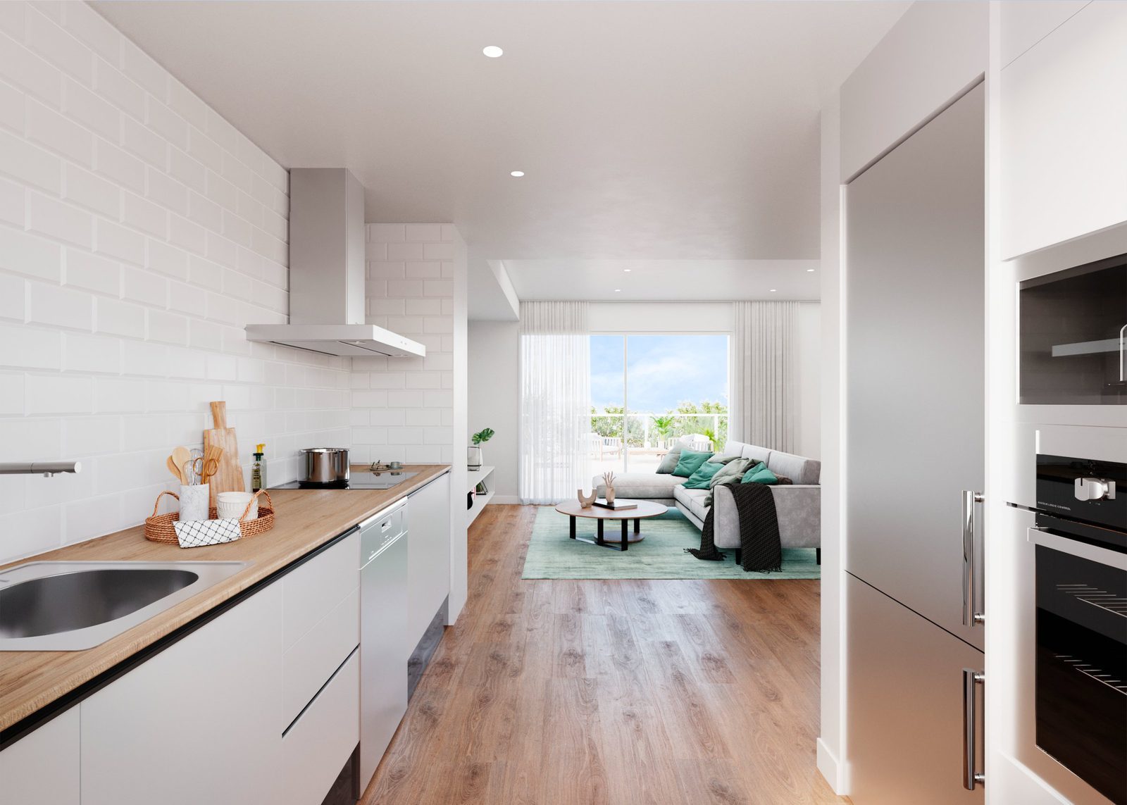 A modern kitchen and living area with views in a 2-bedroom apartment in Alicante - The Estates