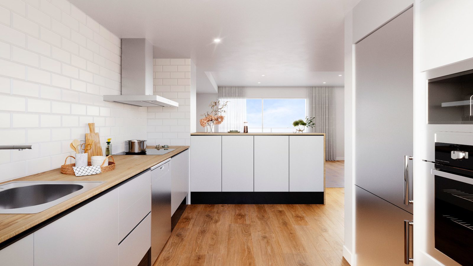 A modern kitchen with wooden accents in a 2-bedroom apartment in Alicante - The Estates