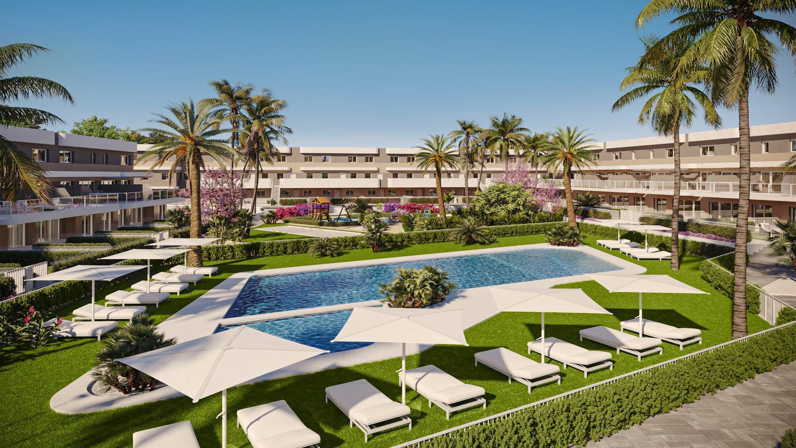 A swimming pool and sun loungers surround a 2-bedroom apartment complex in Alicante - The Estates