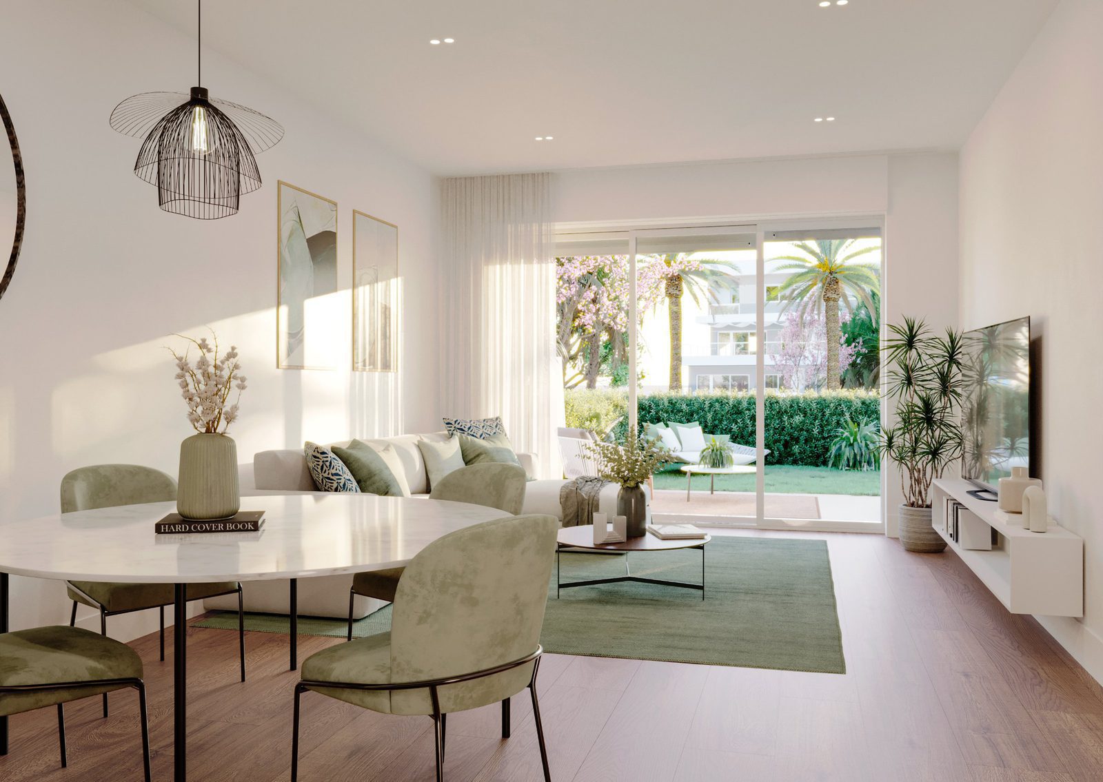 A bright living and dining area with patio access in a 2-bedroom apartment in Alicante - The Estates