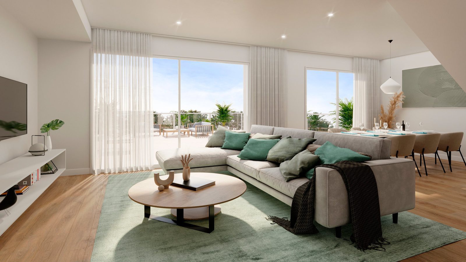 Stylish living room with balcony views in a 2-bedroom apartment in Alicante - The Estates
