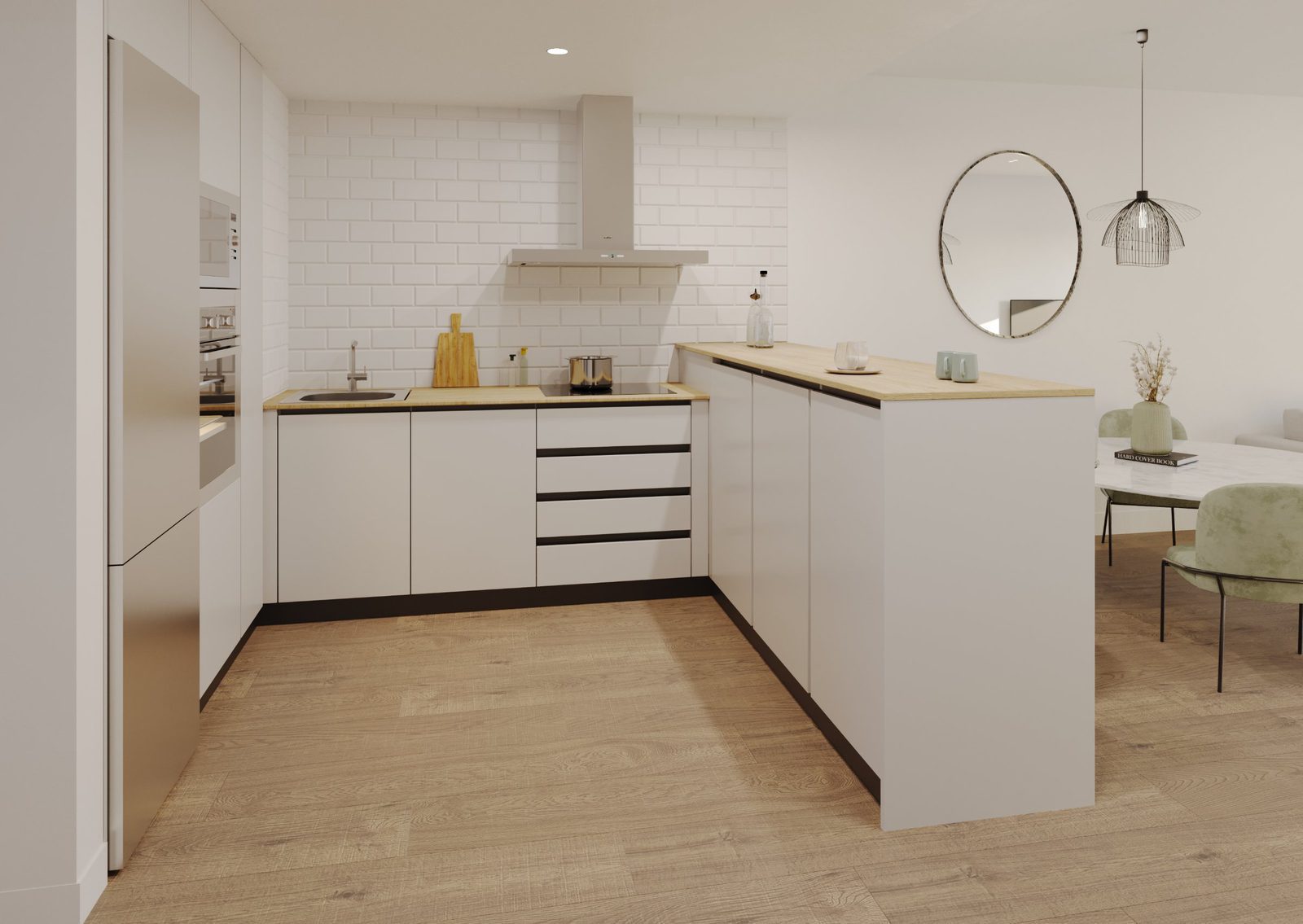 A modern kitchen with white cabinetry and wooden countertops in a 2-bedroom apartment in Alicante - The Estates