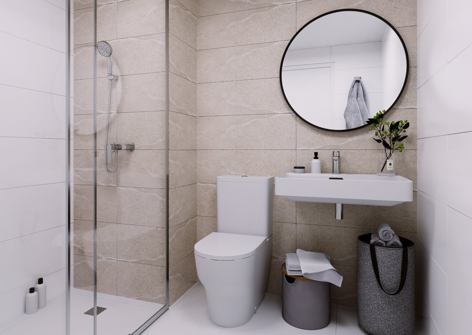 A modern bathroom with a walk-in shower and stylish fixtures in a 2-bedroom apartment in Alicante - The Estates