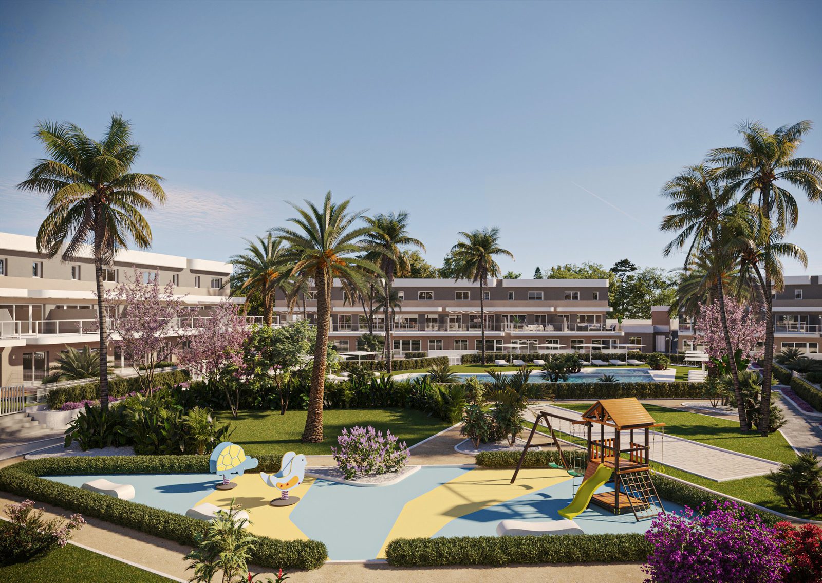 Exterior view of a 2-bedroom apartment complex with a pool and playground in Alicante - The Estates