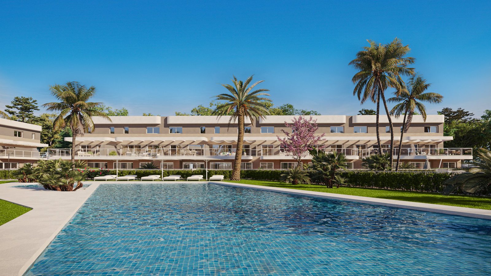 Exterior view of a modern apartment complex with a pool and palm trees in Alicante - The Estates