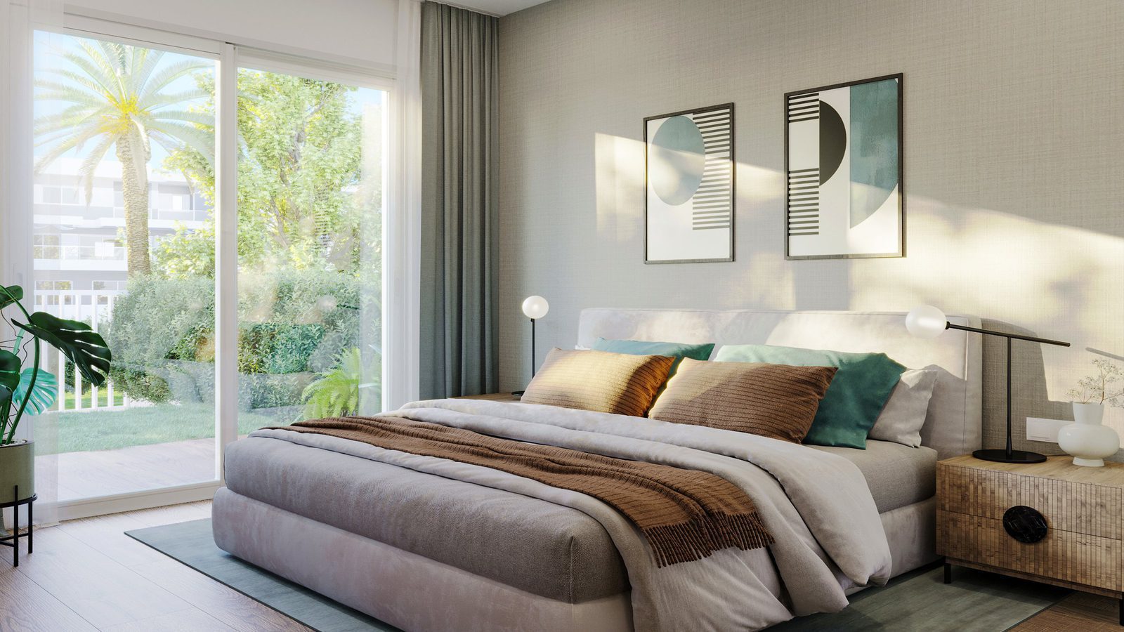 A stylish bedroom with balcony access in a 2-bedroom apartment in Alicante - The Estates