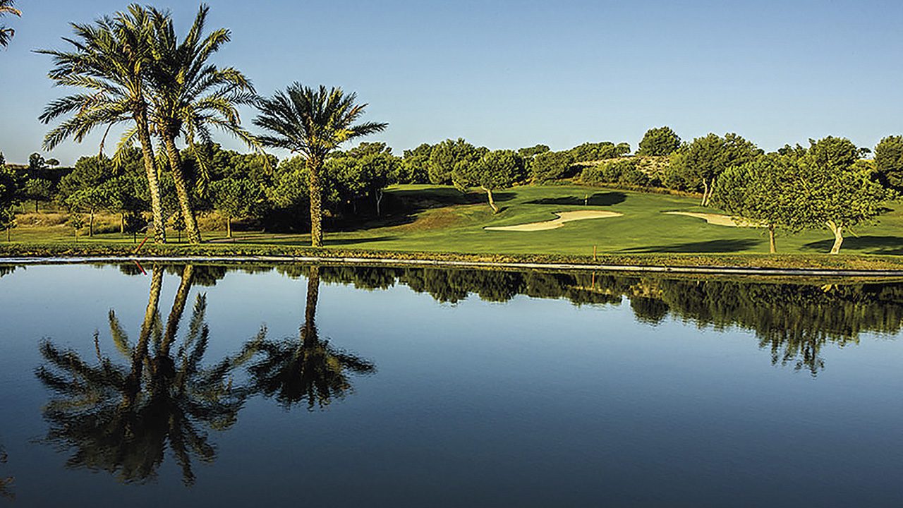 A scenic view of a golf course and palm trees near a 2-bedroom apartment in Alicante - The Estates
