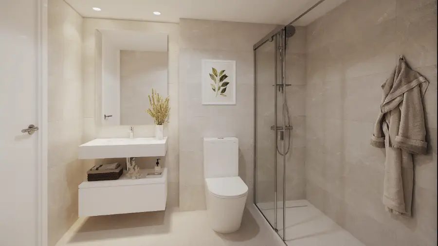 A modern bathroom with a walk-in shower in a 3-bedroom penthouse in Villajoyosa - The Estates
