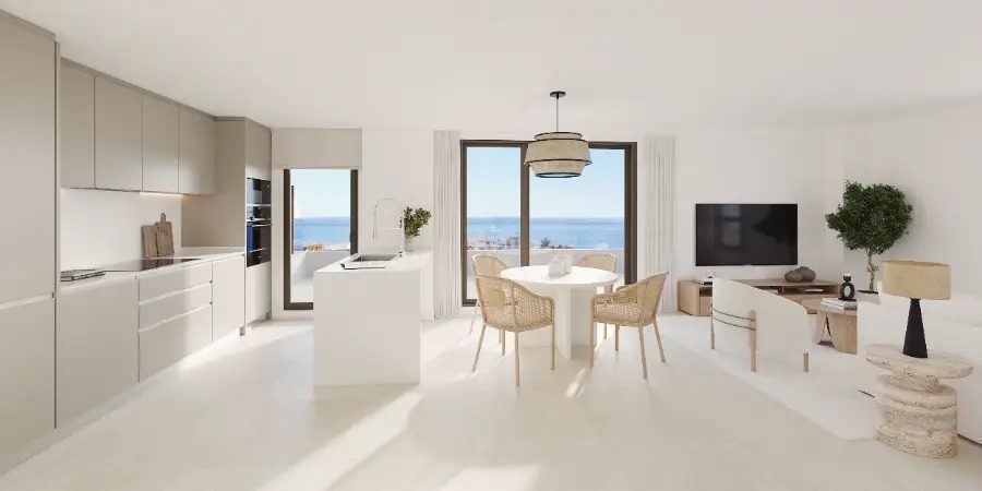 Bright, modern kitchen and dining area with sea views in a 3-bedroom penthouse in Villajoyosa - The Estates