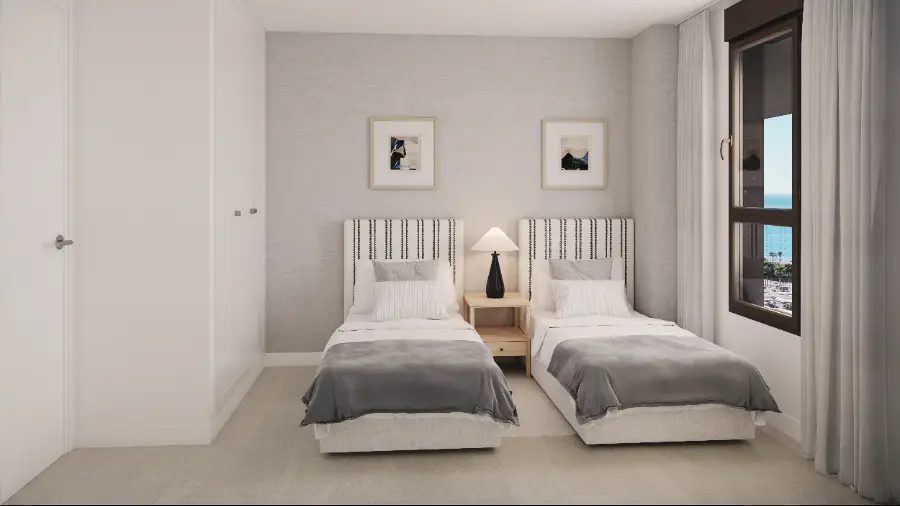 A bright bedroom with twin beds and sea views in a 3-bedroom penthouse in Villajoyosa - The Estates