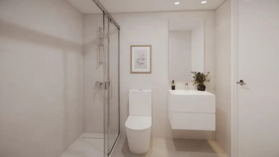 A modern bathroom with a walk-in shower in a 3-bedroom penthouse in Villajoyosa - The Estates
