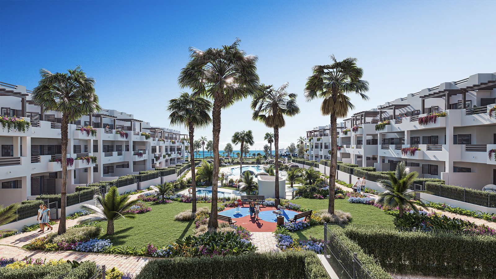 Landscaped bungalow development with palm trees, communal pools and sea views in Pulpí - The Estates