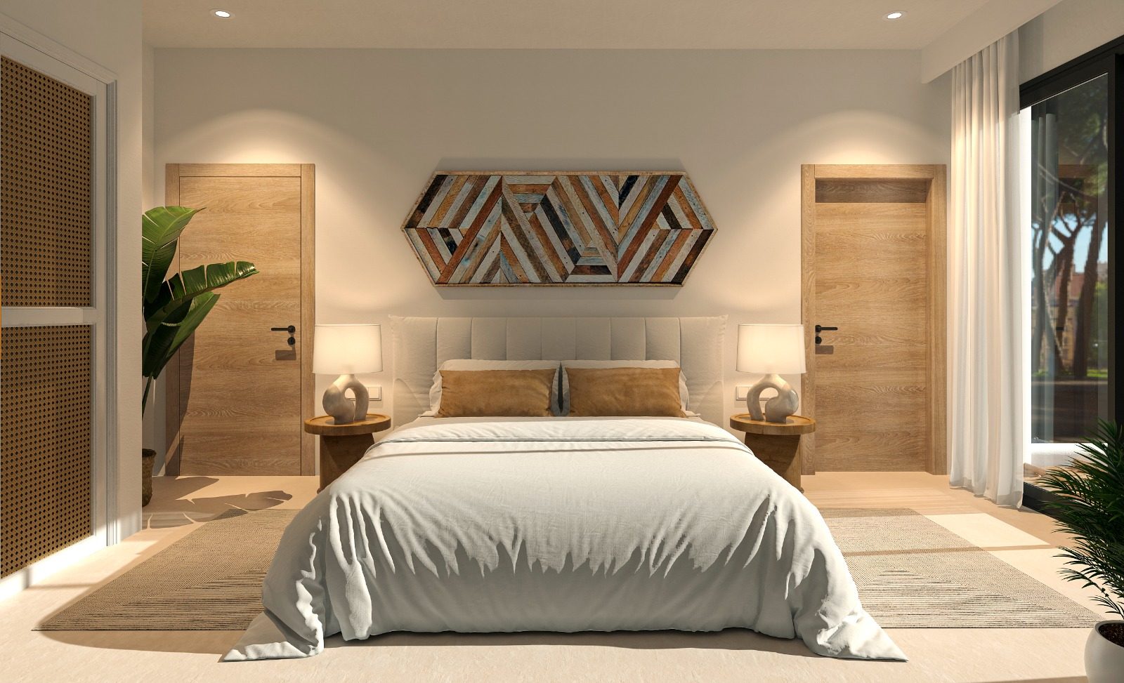 Contemporary master bedroom with upholstered bed and decorative wall art of a 4-bedroom villa in Pedreguer - The Estates
