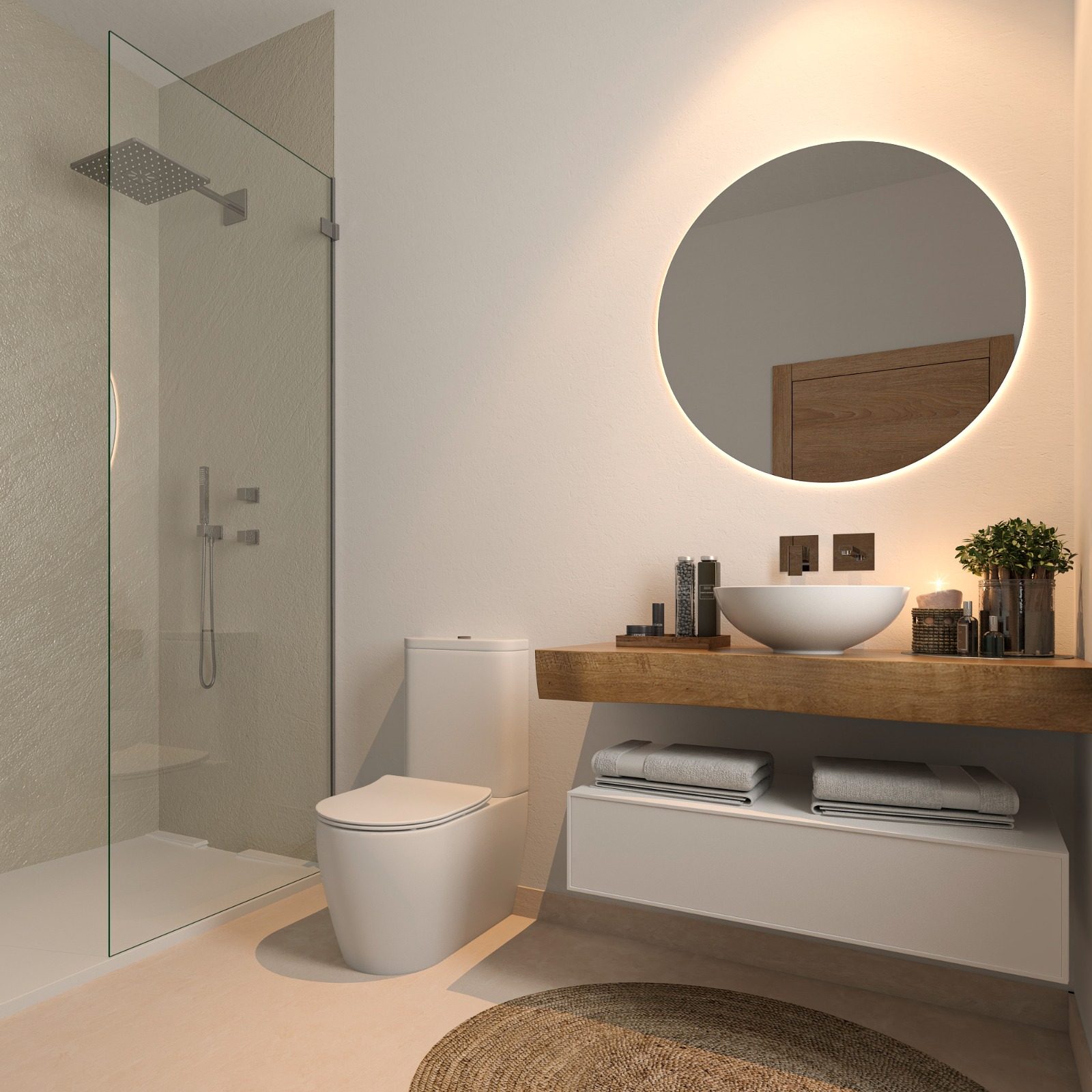Modern bathroom with walk-in shower, vessel sink and illuminated round mirror in a 4-bedroom villa in Pedreguer - The Estates