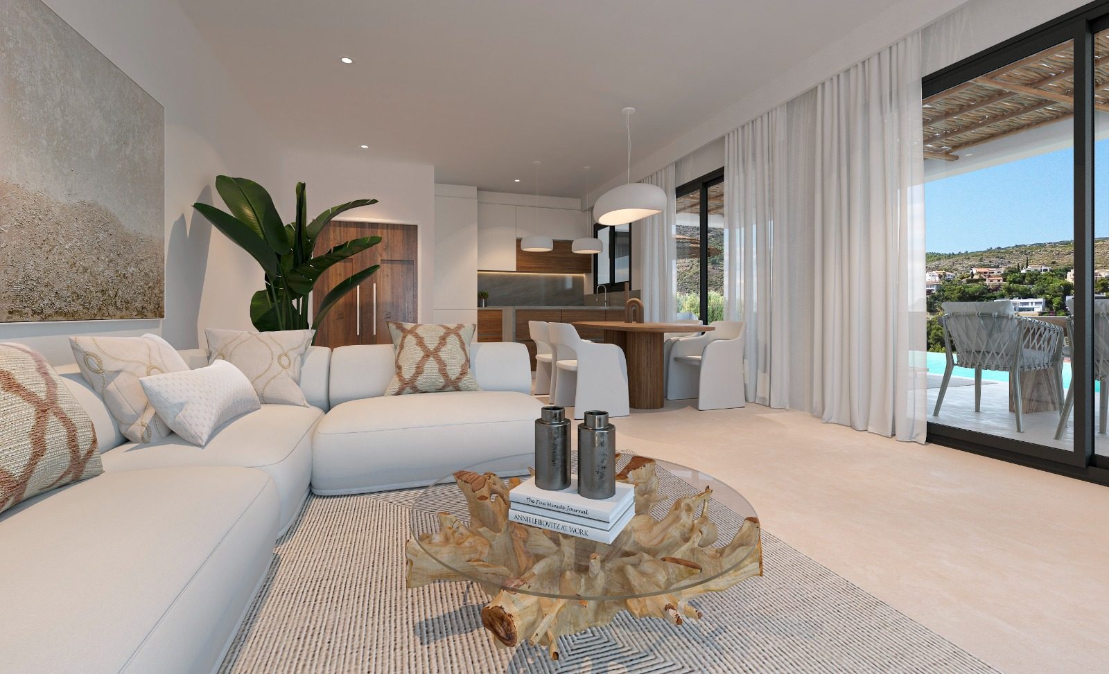 Open-plan living room and kitchen with panoramic sea and mountain views in a 4-bedroom villa in Pedreguer - The Estates