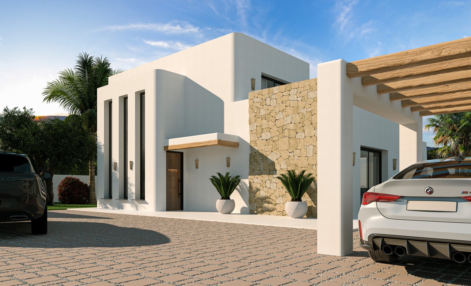 Modern white villa exterior with stone wall, perg