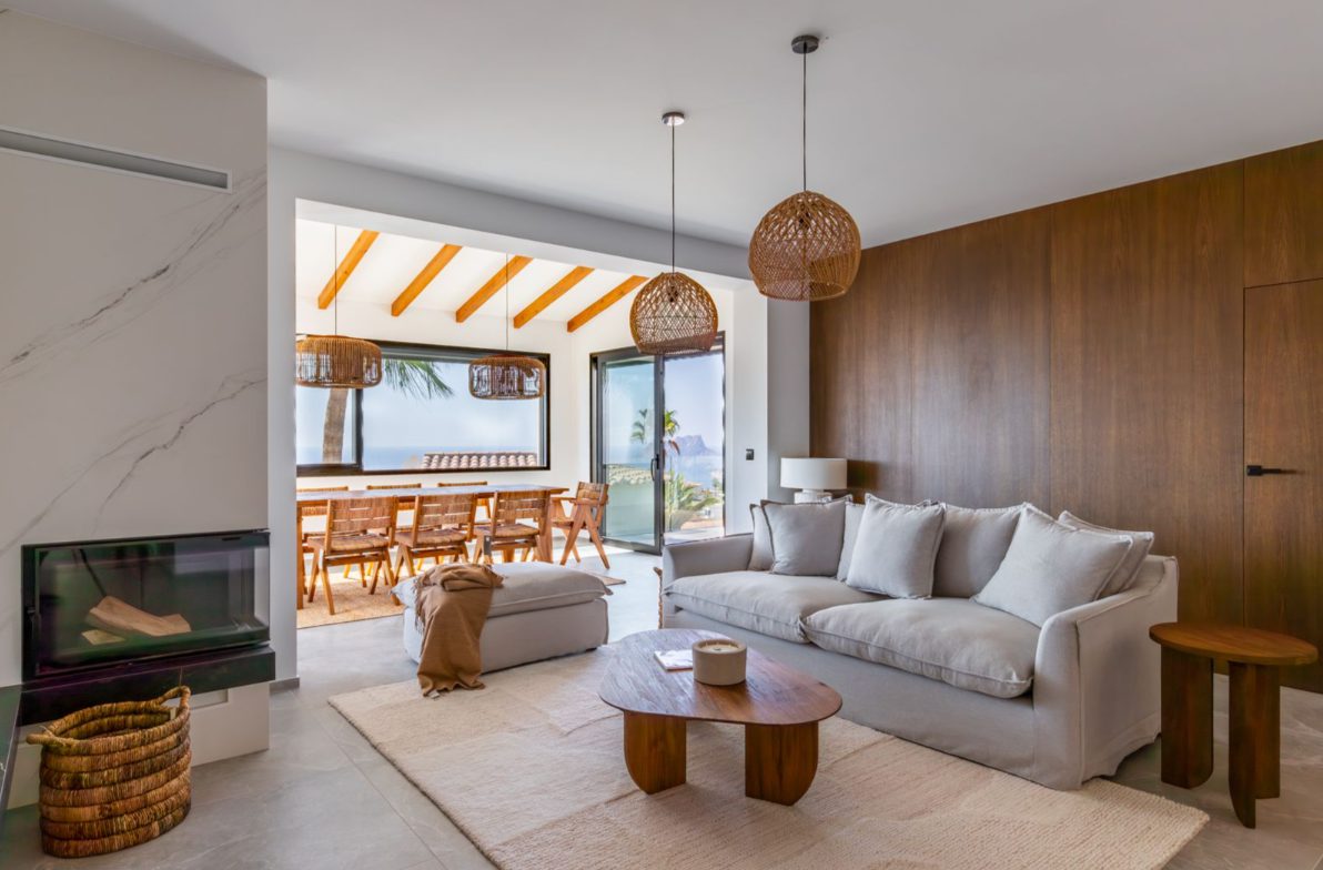 Stylish living room with sea views inside a 5-bedroom villa in Benitachell - The Estates