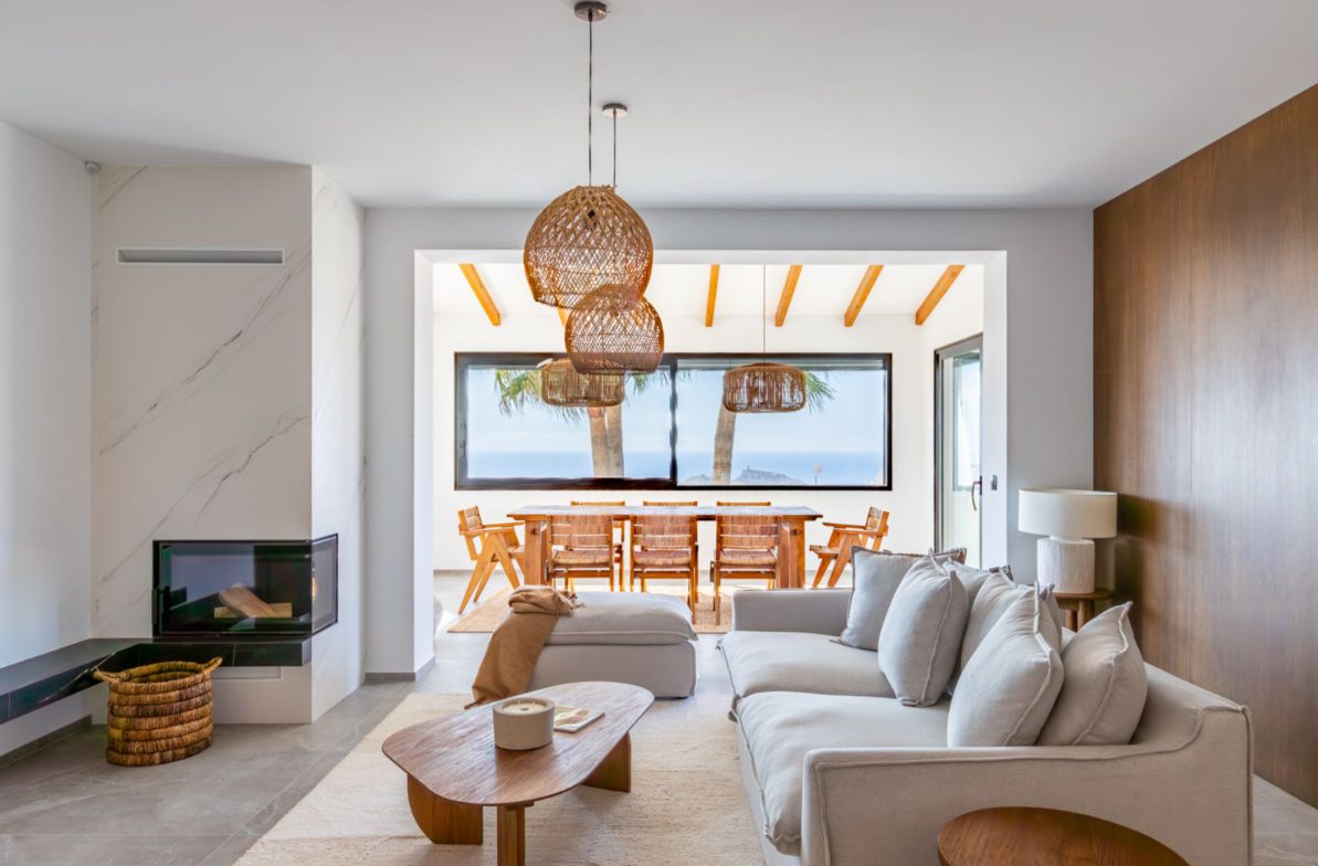 Stylish living room with sea views inside a 5-bedroom villa in Benitachell - The Estates