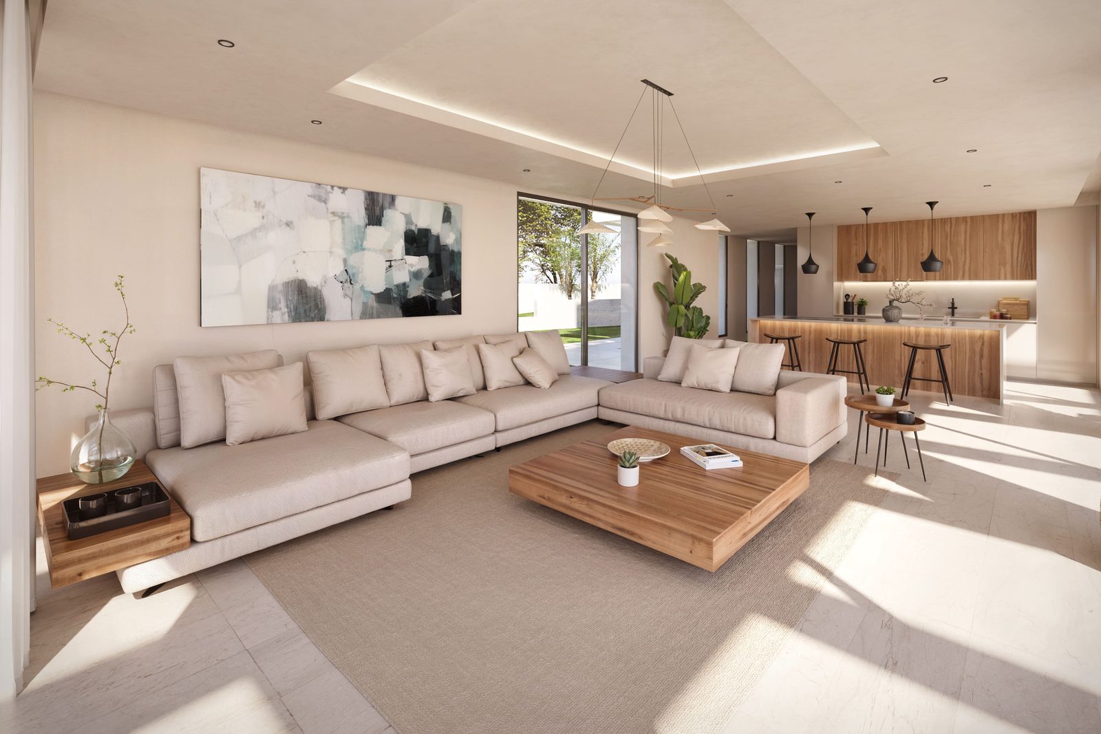 Stylish living room with modern design and large windows in a 5-bedroom villa in Javea - The Estates