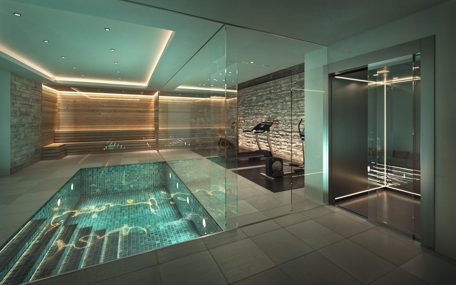 A modern indoor pool and gym area within a 5-bedroom villa in Javea - The Estates