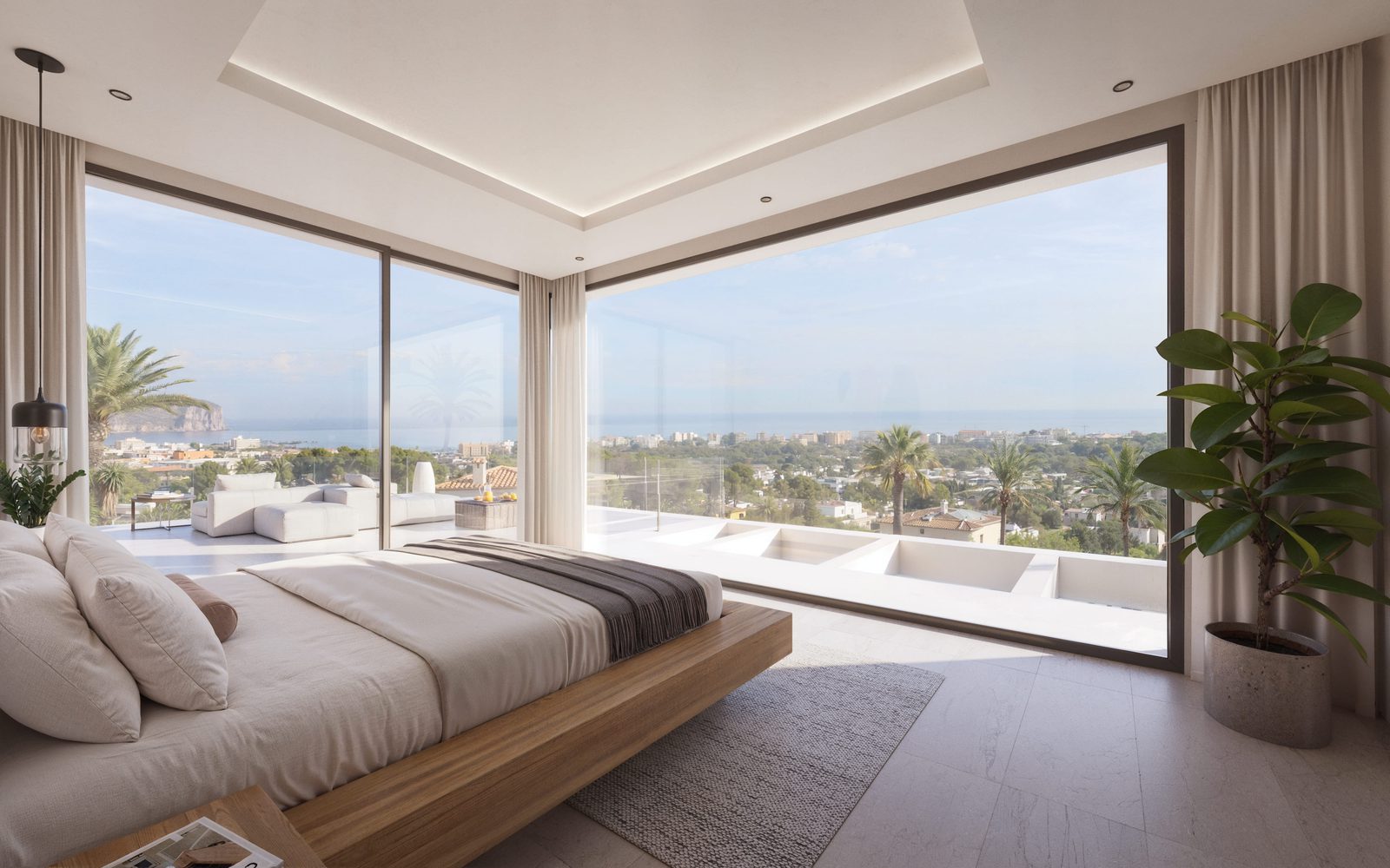 A luxurious bedroom with stunning sea and city views in a 5-bedroom villa in Javea - The Estates
