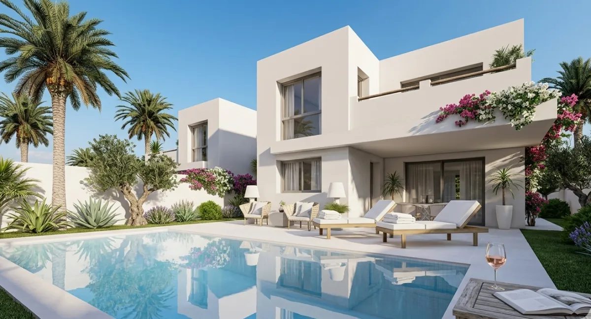 Modern white villa with pool, sun loungers and palm-filled garden, exterior of a 3-bedroom villa in Alfaz del Pi — The
