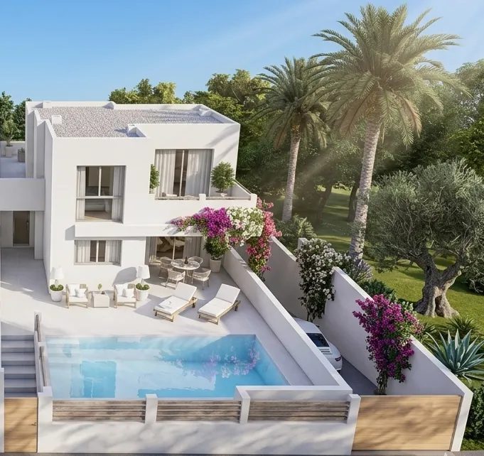 Private pool and sun terrace of