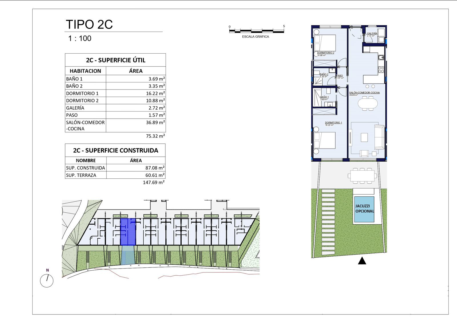 Floor plan showing layout and optional jacuzzi of a 2-bedroom apartment in Alfaz del Pi - The Estates