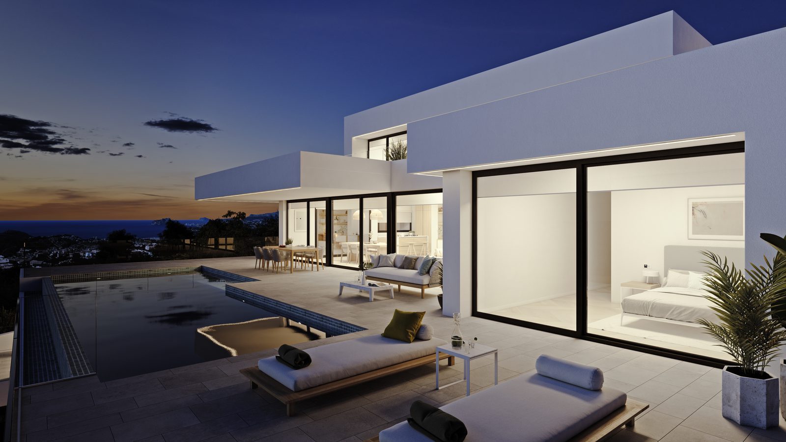 Modern villa exterior with infinity pool, terrace and panoramic sea views of a 4-bedroom villa in Benitachell - The Estates
