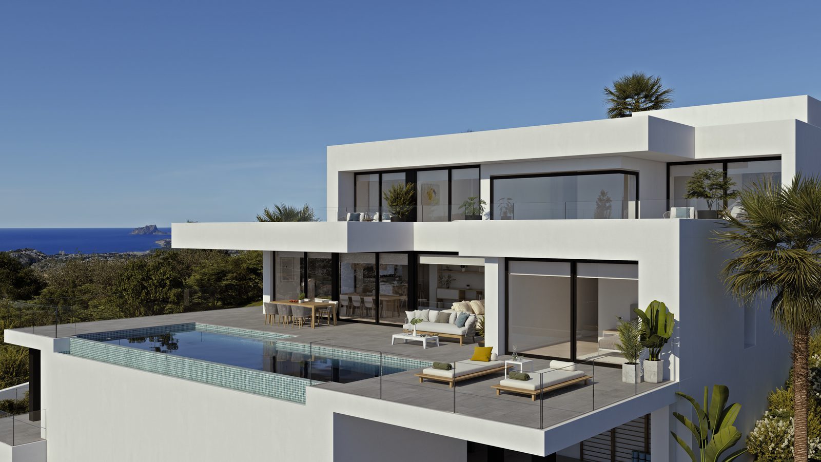 Modern villa exterior with infinity pool, terraces and panoramic sea views in Cumbre del Sol, Benitachell - The Estates