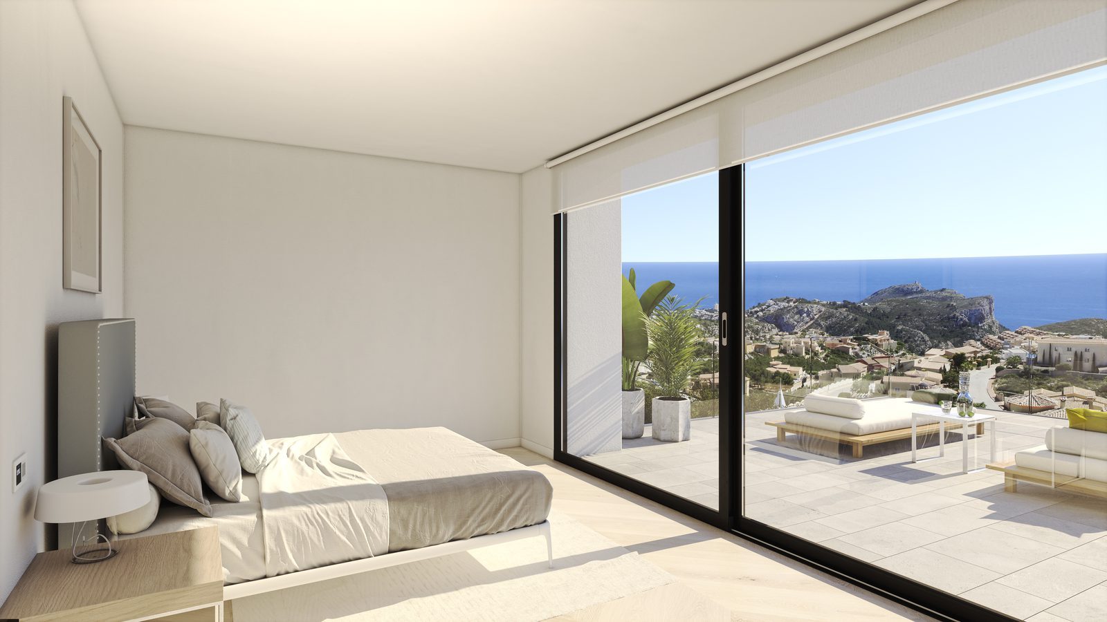 Bright bedroom with terrace and panoramic sea views of a 4-bedroom villa in Benitachell - The Estates