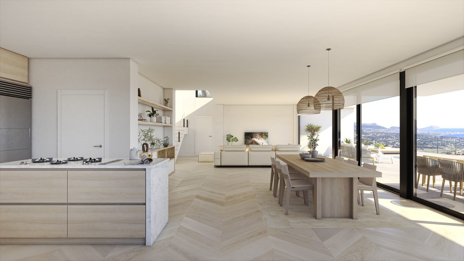 Open-plan kitchen, dining and living area with panoramic sea views