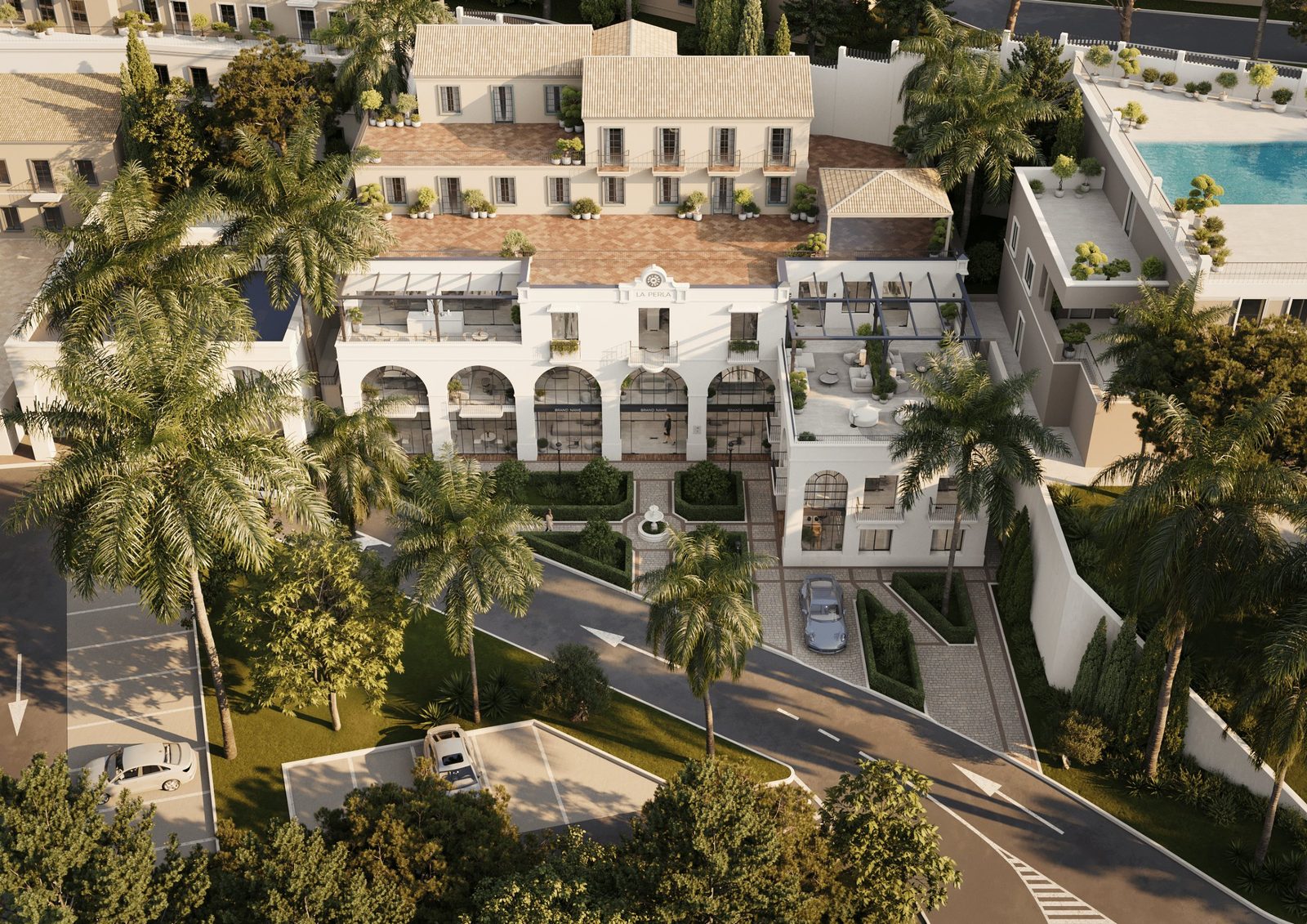 Aerial view of a Mediterranean-style property with courtyards, palms, terraces and pool in Benahavís, Málaga - The Estates