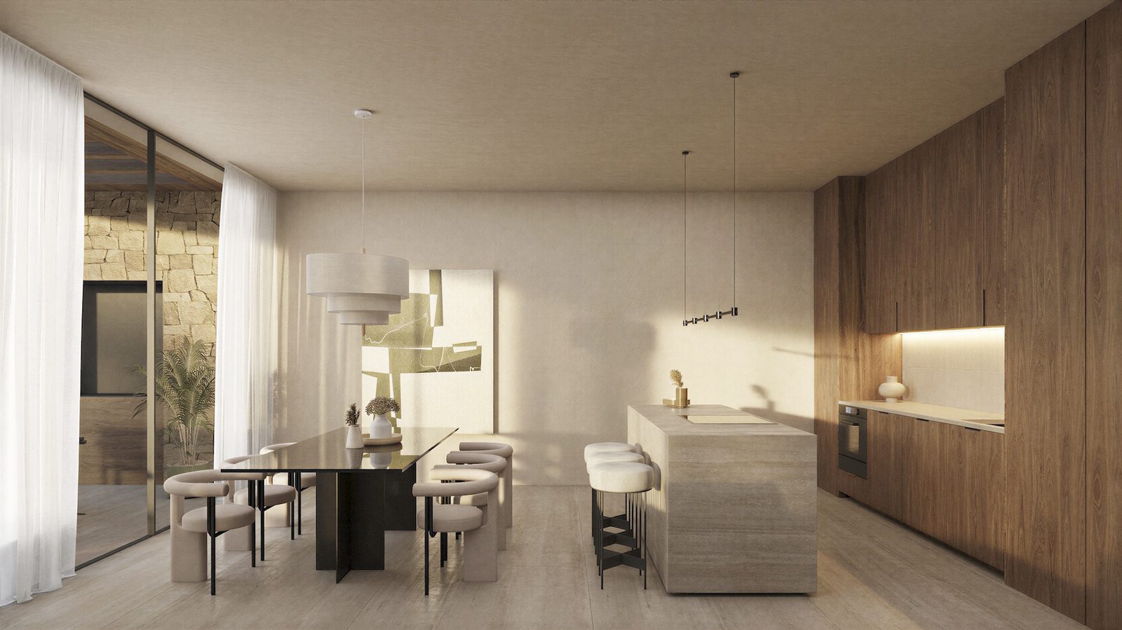 Contemporary open-plan kitchen and dining area of a 4-bedroom villa in Benissa - The Estates