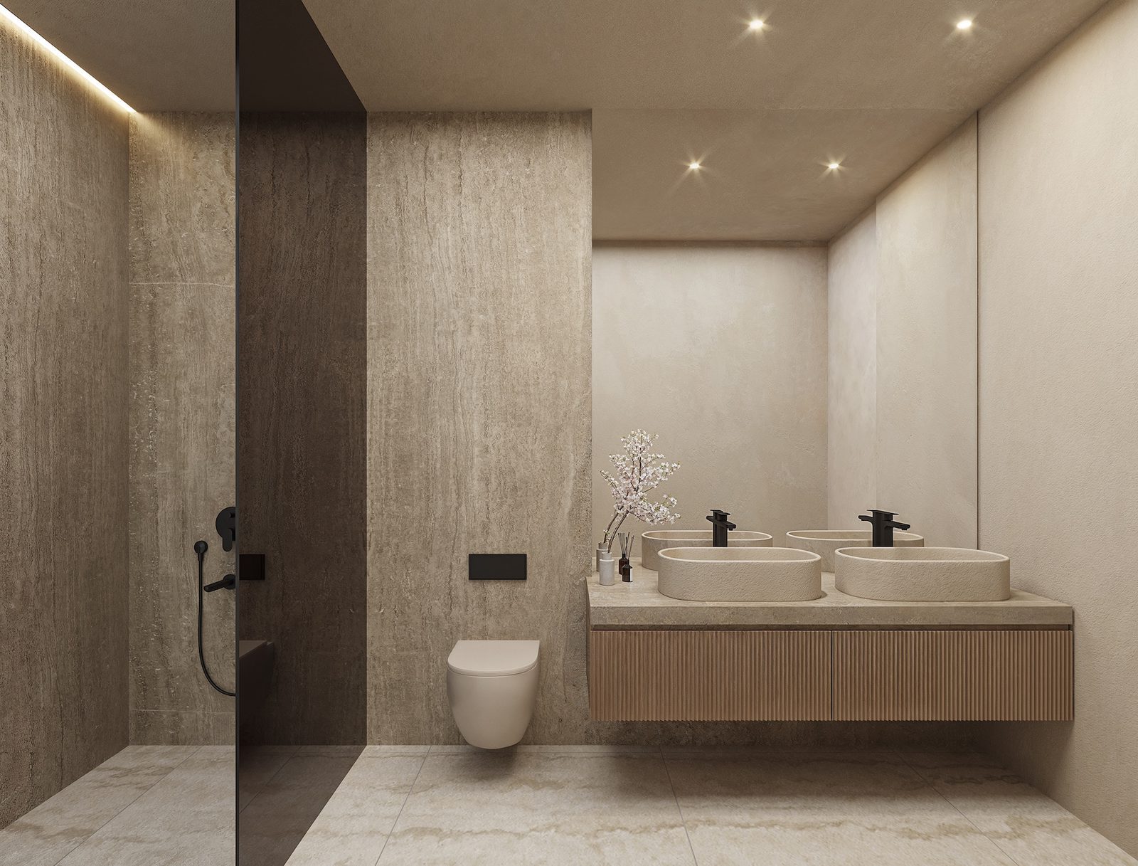 Contemporary bathroom with double vanity and walk-in shower of a 4-bedroom villa in