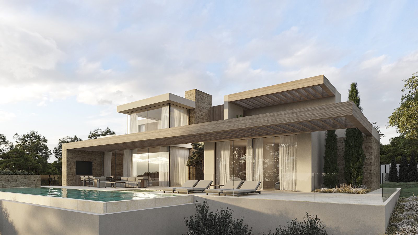 Modern villa exterior with a private pool, sun loungers and covered terrace in La Fustera, Benissa - The Estates
