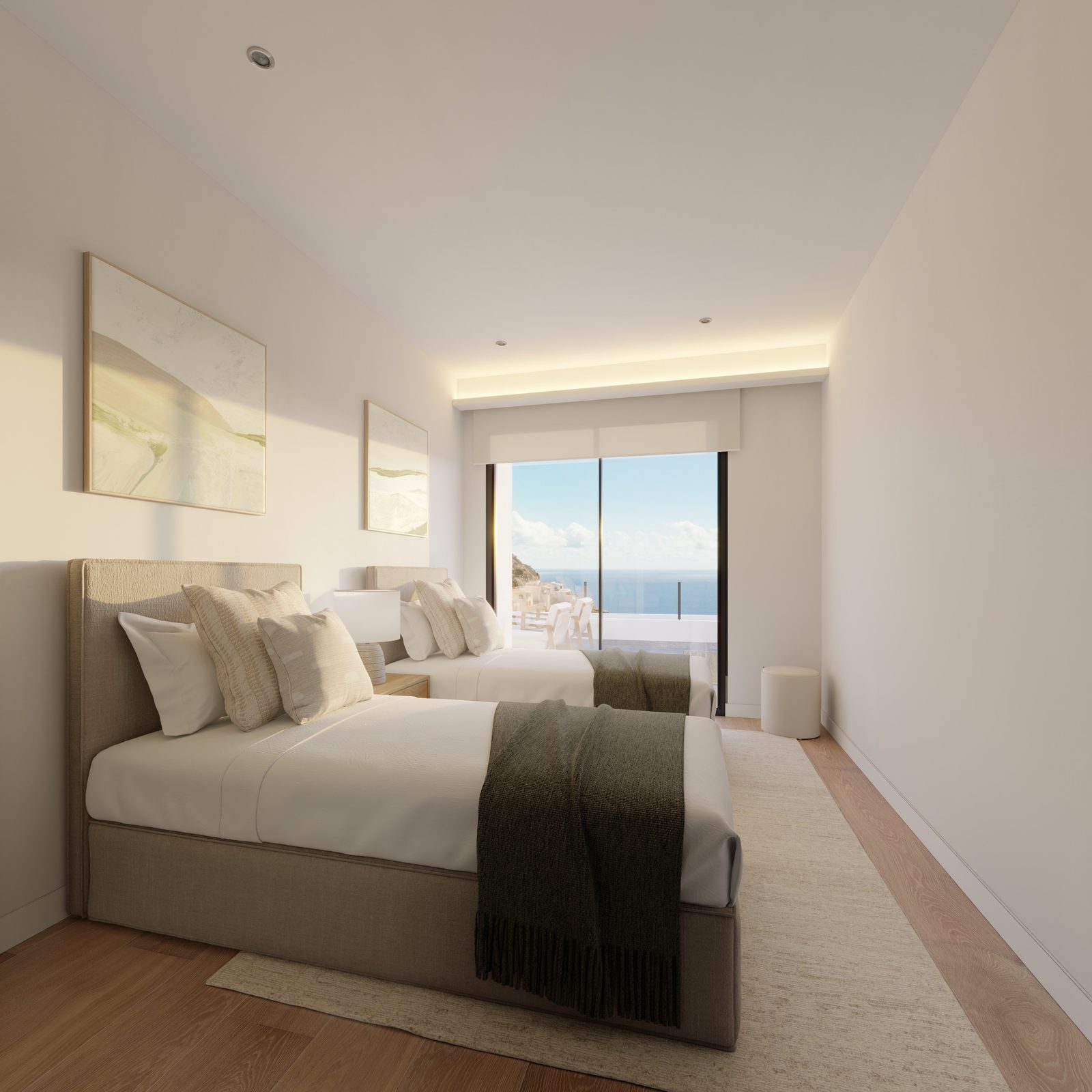 A bright bedroom with a view of the Mediterranean Sea in a 2-bedroom apartment in Benitachell - The Estates