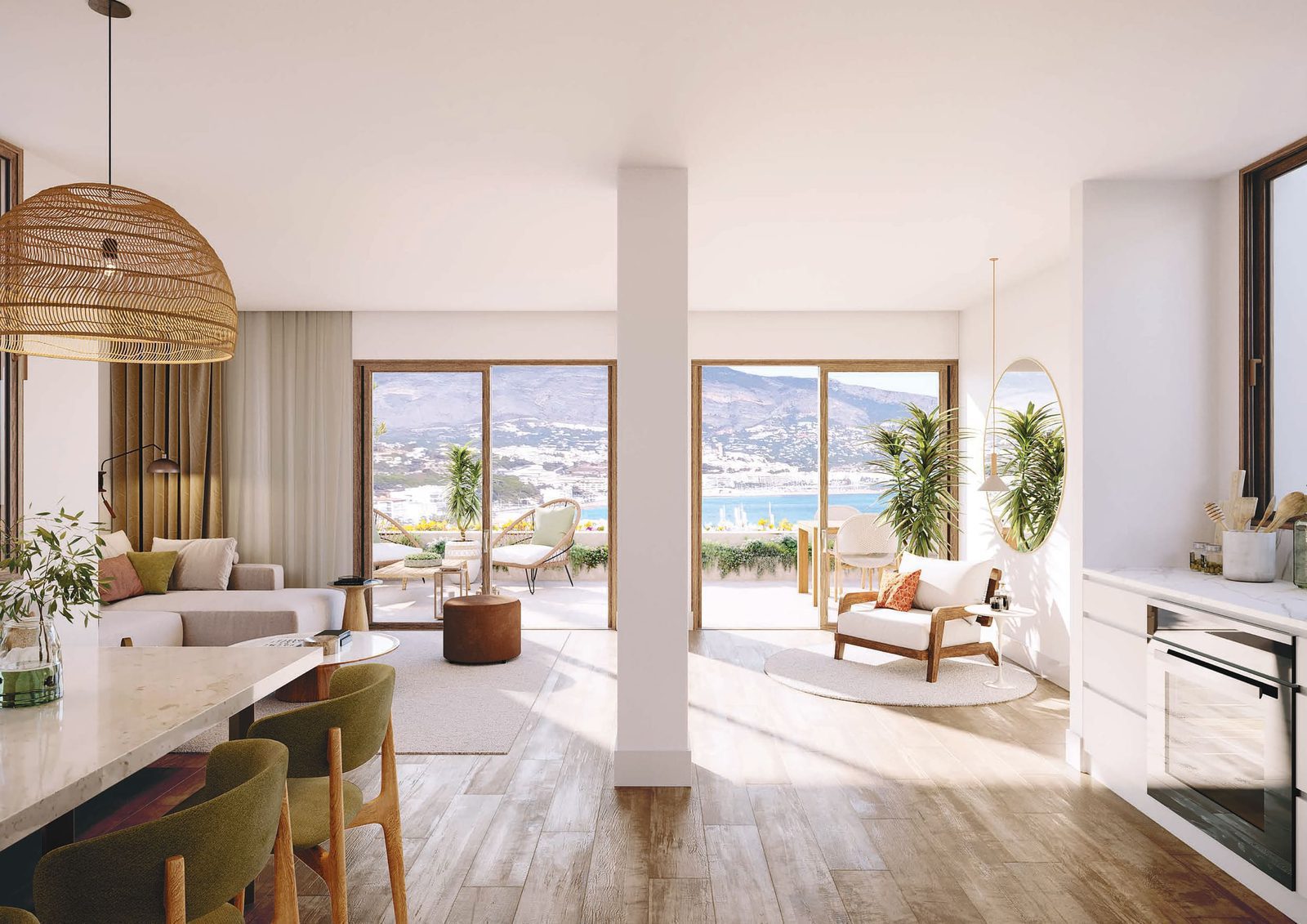 Stylish living room with sea and city views inside a 3-bedroom apartment in Alfaz del Pi - The Estates