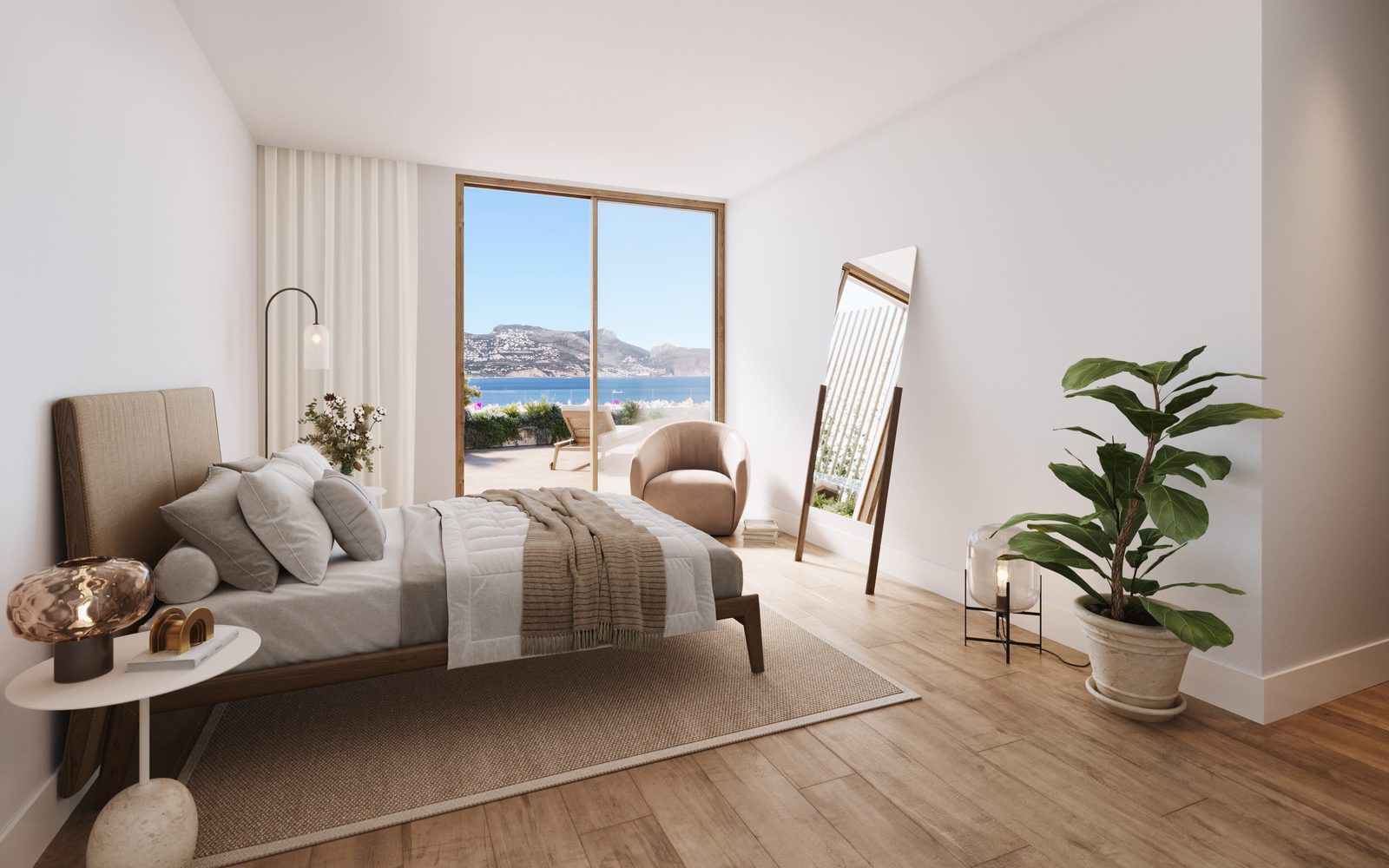 A bright bedroom with sea views in a 3-bedroom apartment in Alfaz del Pi - The Estates