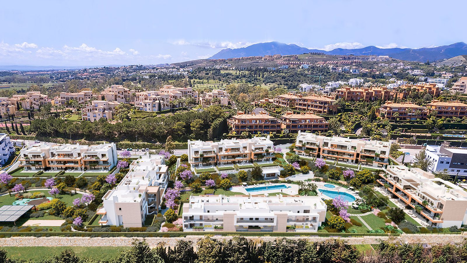 Aerial view of landscaped residences, pools and golf course surroundings of a 3-bedroom