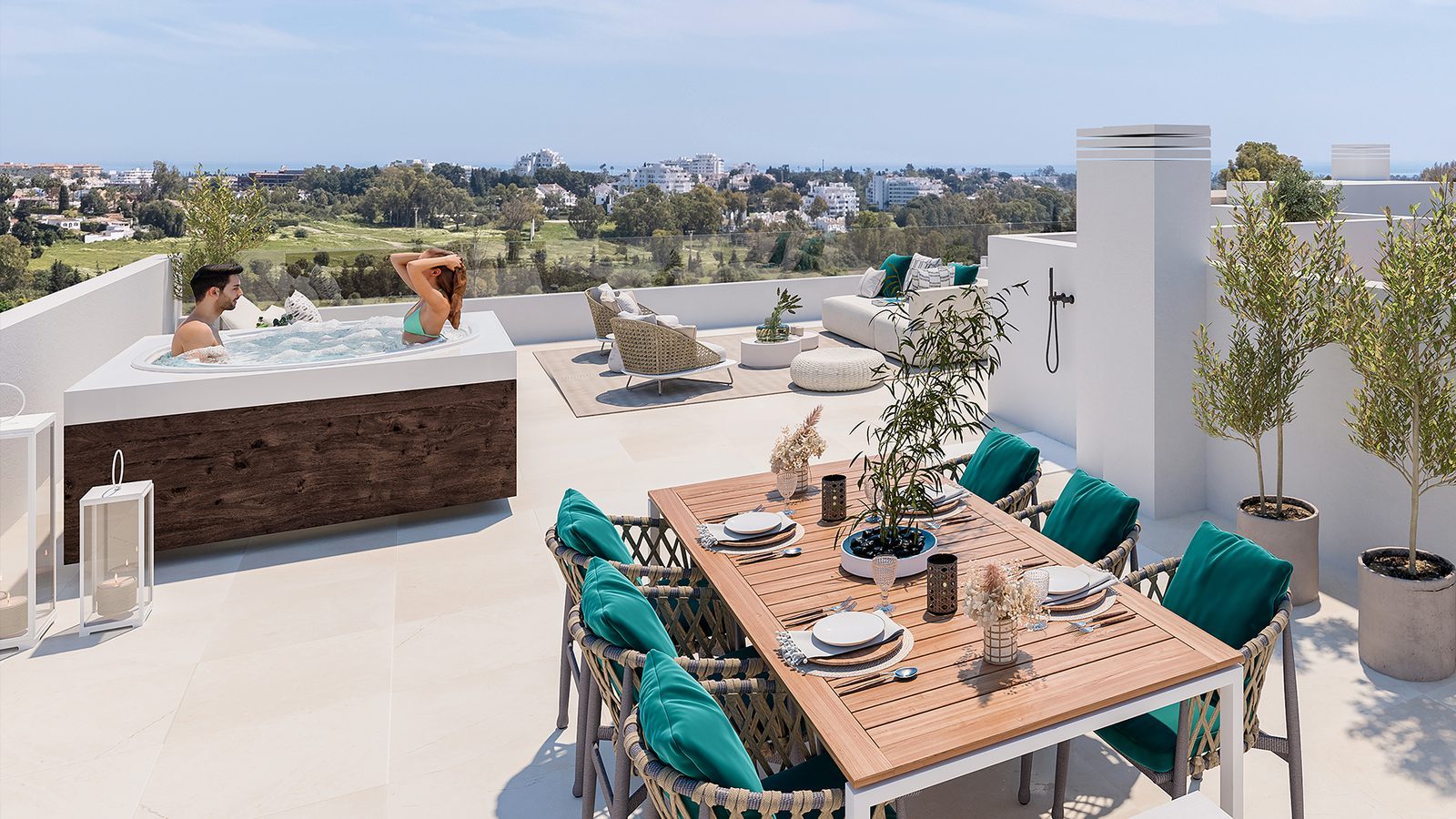 Rooftop terrace with dining area, lounge seating and hot tub overlooking the golf course of a 3-bedroom apartment in Estepona - The Estates